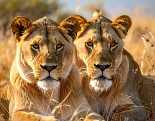 Two regal lionesses, golden-eyed, sit serenely in sunlit savanna grasses