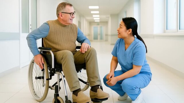 Young female doctor taking care of man in wheelchair indoors. 
