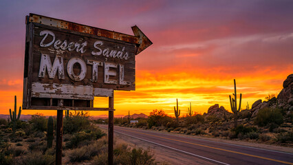 Weathered, old "Desert Sands Motel" sign stands prominently beside a desert highway at vibrant sunset