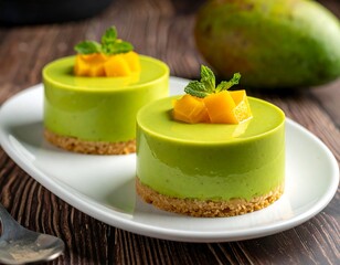 Two round green desserts on a white plate with mango and mint