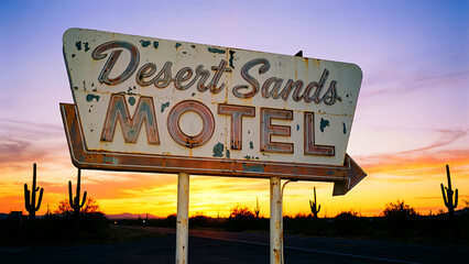 Iconic rusted neon sign for the "Desert Sands Motel" stands tall against a vibrant desert sunset featuring silhouetted saguaro cacti in Arizona.