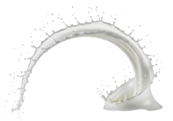 A highly viscous, volumetric splash of transparent milk, frozen in a dynamic arc shape showing intricate fluid dynamics on a brilliant white background. Concept for purity and freshness advertising