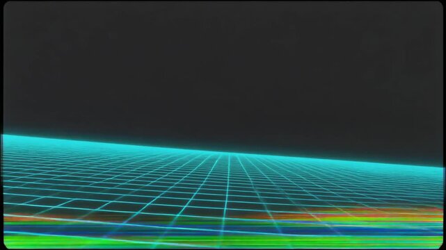 Futuristic grid pattern with neon blue lines and vibrant colors.