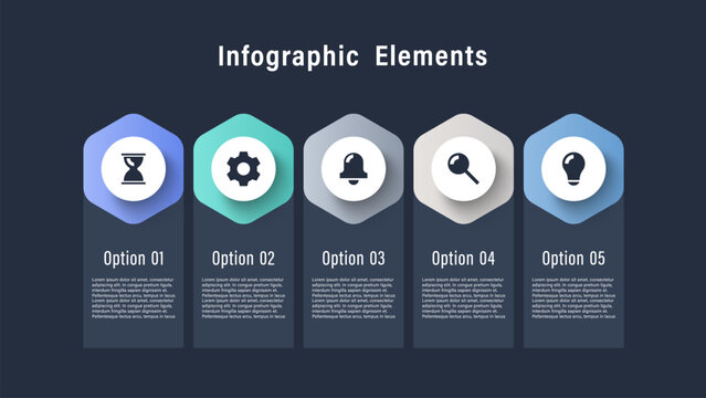 Hexagons horizontal infographic layout with business icons and space for data. Five step process vector template for business presentations
