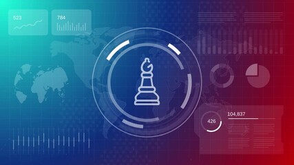 Bishop chess piece animation with global market data and financial charts for strategic management and corporate planning visual - Powered by Adobe