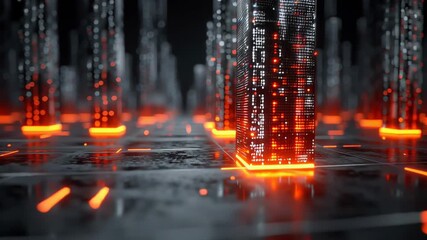 Digital data streaming through glowing orange metropolis, dark skyscrapers connecting networks with luminescent technological energy - Powered by Adobe