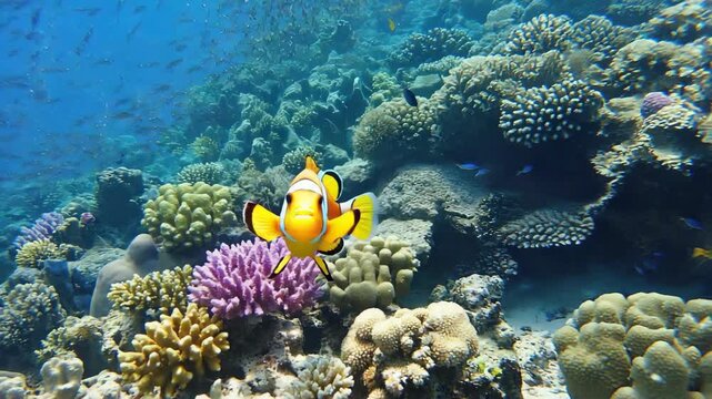 Clownfish among coral in the ocean.