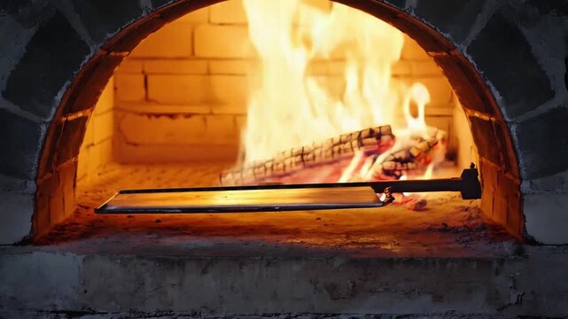 fire in fireplace, Wood-Fired Brick Oven with Roaring Flames and Pizza Peel cinematic, baking bread