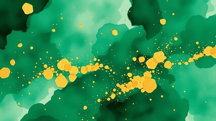 Emerald green abstract with scattered gold particles splatter