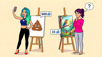 Cartoon illustration depicts a social media paradox where a simple emoji drawing receives far more likes than detailed artwork, causing confusion.