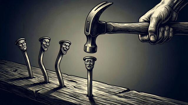 Striking illustration depicting a human hand wielding a claw hammer poised above a row of uniquely expressive nails embedded in wood grain