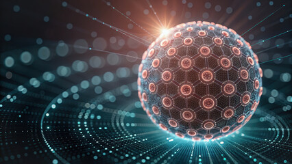 Glowing spherical structure with hexagonal patterns and digital elements emerges from futuristic background