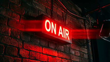 Iconic glowing red neon "on air" light illuminates a dark, rugged brick wall signaling active broadcasting in a professional studio environment for media production.
