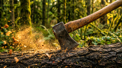 Powerful close-up capture of an axe blade sharply striking a thick, mossy log, sending bright wood chips flying in the sunlit forest setting