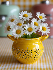 Fresh daisies in a yellow colander with a checkered background.