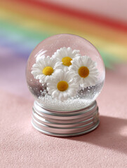 Daisies in a glass snow globe with rainbow in the background.