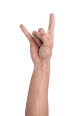 Obraz premium Man showing rock gesture on white background, closeup