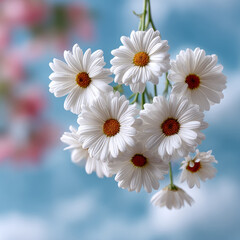 Cluster of daisies in bloom against a soft sky background.