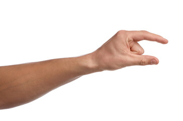 Man holding something on white background, closeup