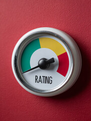Rating gauge on red wall with green, yellow, red zones.