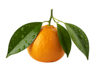 Fresh orange with green leaves and water droplets, isolated on white background