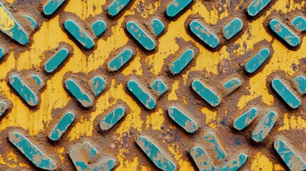 Abstract macro shot of a diamond plate steel pattern in teal and yellow