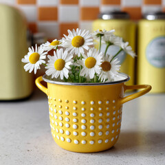 Daisies in a yellow colander on a kitchen countertop, bright and cheerful.