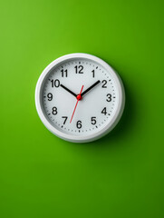 Analog wall clock on a vibrant green background.