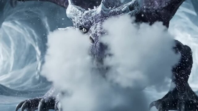 dragon purple - A fierce ice dragon emerges from a glacial landscape, its massive form covered in frost and sharp spikes, exuding an aura of power amidst a shimmering icy backdrop
