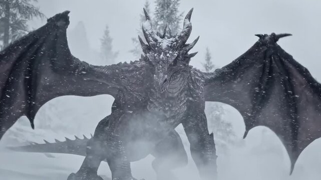 dragon purple - A formidable dragon crouches on a wintry landscape, surrounded by swirling snow and mist, its dark, scaly body contrasts with the pristine white snow, exuding an aura of power