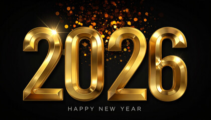 2026 Happy New Year golden 3D numbers on a black background with sparkling bokeh glitter, luxury celebration of the upcoming year festive greeting card design elegant countdown to the future.