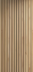 Obraz premium Wooden slatted wall acoustic panel background texture. Vertical wooden slats creating a minimalistic decorative and soundproofing wall panel