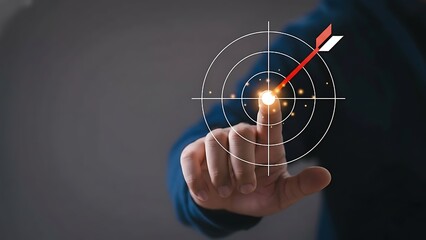 Hand pointing at glowing target with concentric crosshair and arrow, symbolizing precision and goal achievement