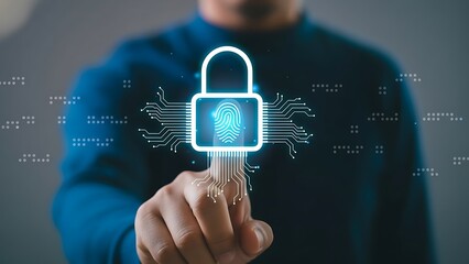 Glowing padlock with fingerprint and circuit lines illustrating cybersecurity, biometric authentication, and digital privacy