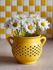 Daisies in a yellow colander against checkered tiles