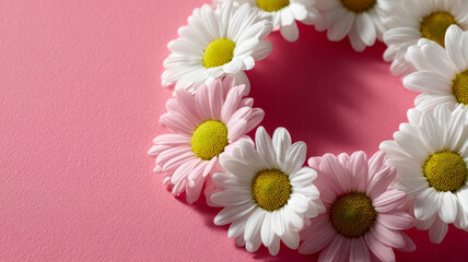 Daisy flowers arranged in a circle on a pink background.