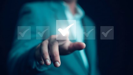 Business professional interacts with digital checklist icons on a touchscreen interface