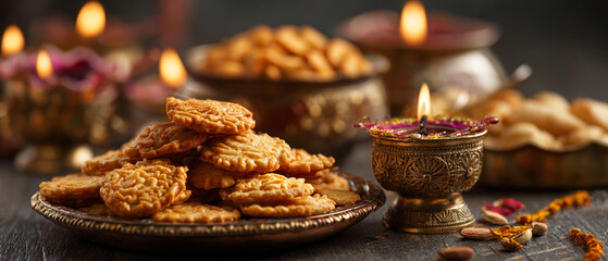 A plate of traditional Indian snacks and sweets arranged with lit candles and flowers for a festive occasion