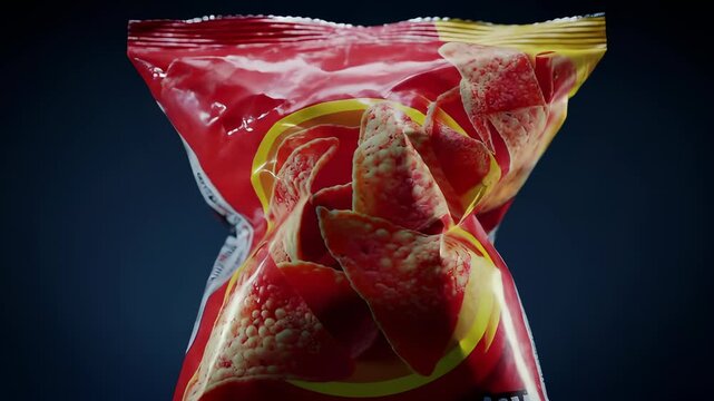 A Cinematic Series of Tortilla Chip Packets in Red and Yellow, a Delicious Snack