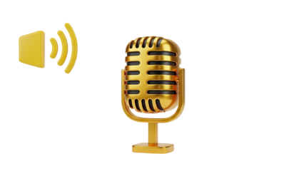 Golden microphone with sound waves on transparent background