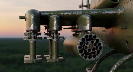 Vintage Military Helicopter Armed with Rocket Launcher over Dense Jungle