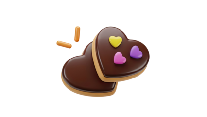 Heart shaped chocolate cookies with colorful candy hearts and sprinkles on transparent background