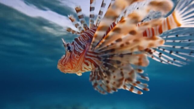 Underwater close up of colorful fish with flowing fins swimming freely