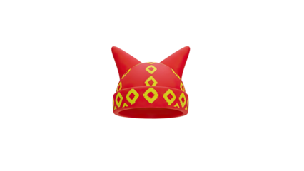 Red and yellow hat with pointed ears and diamond pattern on transparent background