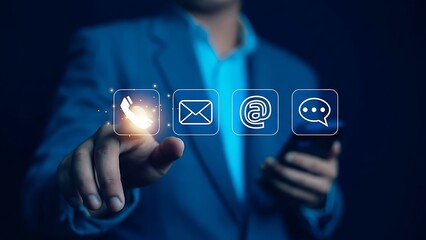 Interactive communication icons hovering in mid-air: phone, envelope, at symbol, and chat bubble outlined in neon white on a blue background