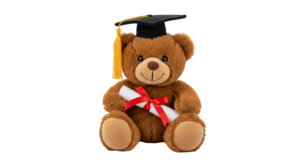Brown teddy bear wearing black graduation cap holding diploma scroll yellow tassel