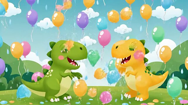 Cute Cartoon Dinosaurs Playing with Colorful Balloons in a Lush Green Landscape.