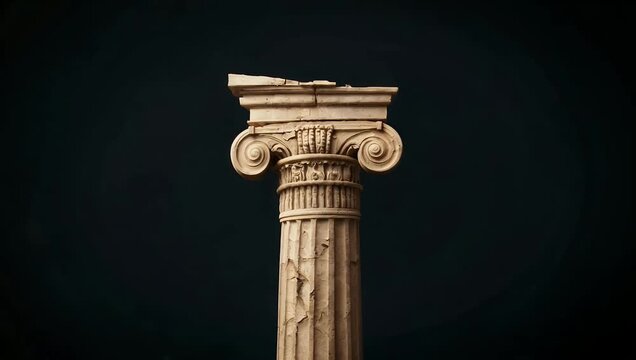 Cinematic 4K footage of single ancient Greek column rotating slowly against dark background providing copy space highlighting architectural detail historical educational stock 