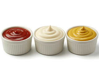 Three ramekins filled with ketchup, mayonnaise, and mustard on a white background