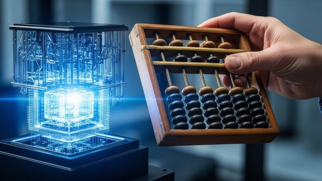 Quantum Computing vs Traditional Abacus Technology Traditional Tools Innovation. Concept featuring quantum computing, abacus, technology, traditional tools, innovation.